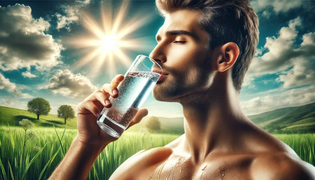 A man drinking fresh, cold water from a glass with a bright, natural background. The water glistens in the sunlight, symbolizing hydration, cleansing, and internal detoxification for renewed vitality