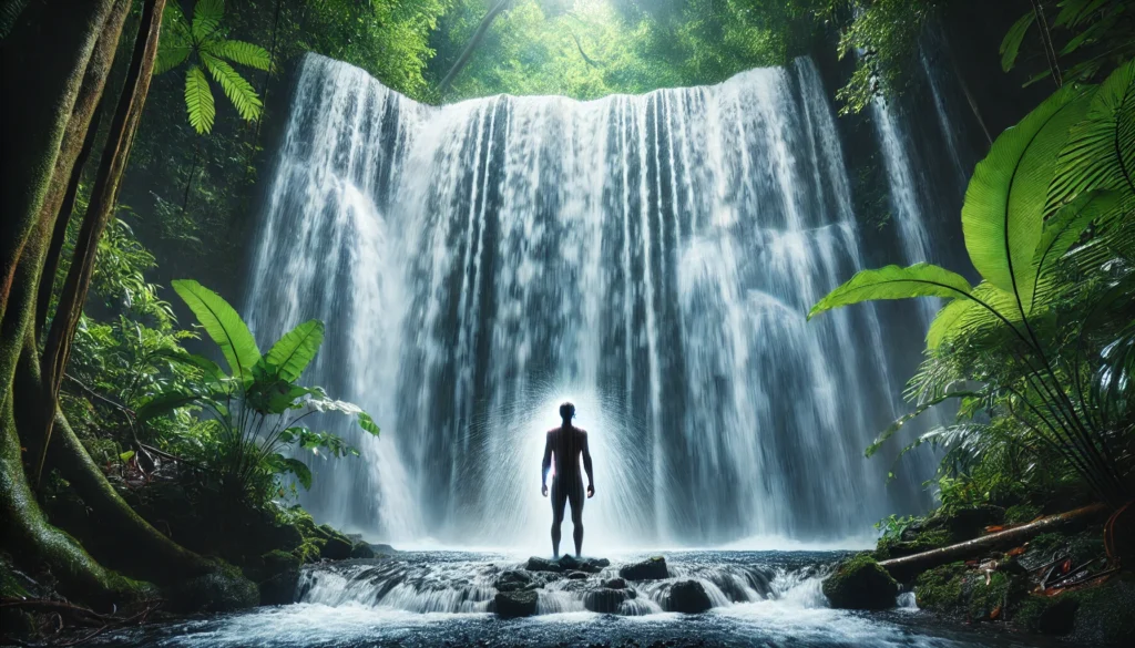 A man standing under a cascading waterfall in a tropical jungle, embracing the powerful flow of water. The scene symbolizes purification, detoxification, and renewal, reflecting nature’s role in cleansing and revitalization