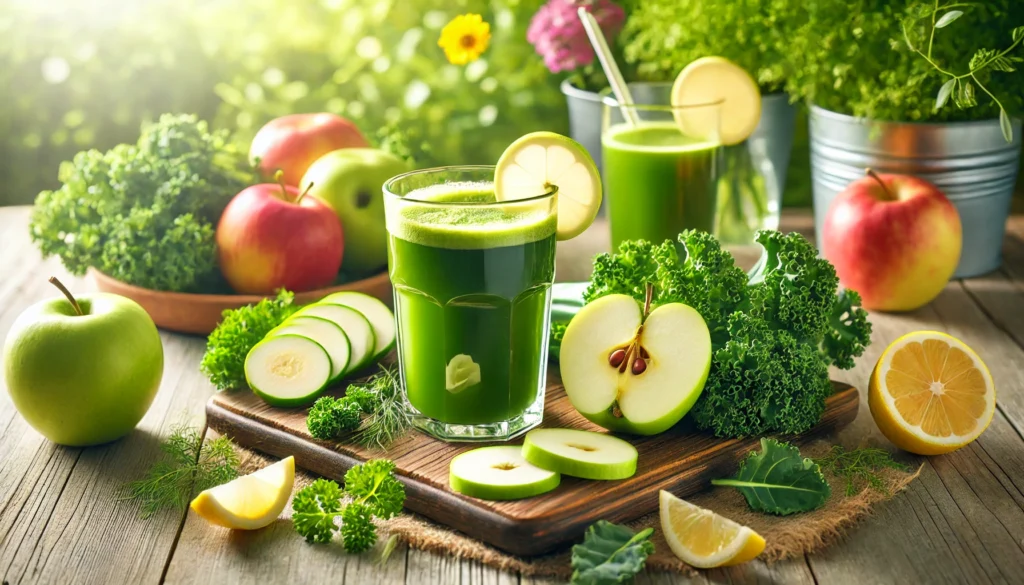 A clean glass of detoxifying green juice with fresh ingredients like apples, kale, and lemons sits on a wooden table in a bright natural setting, symbolizing health, purity, and a toxin-free lifestyle for kids