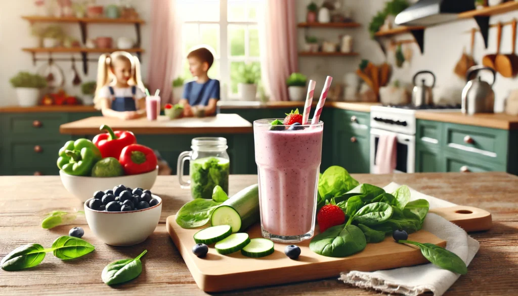 A detox-friendly smoothie for kids placed on a kitchen counter with a fresh fruit and vegetable platter, featuring blueberries, spinach, and cucumbers, evoking a sense of natural wellness and detoxification