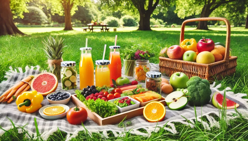 A colorful outdoor picnic setting with a spread of fresh fruits, vegetables, and herbal drinks on a picnic blanket in a lush green park, representing vitality, natural health, and toxin-free living for kids