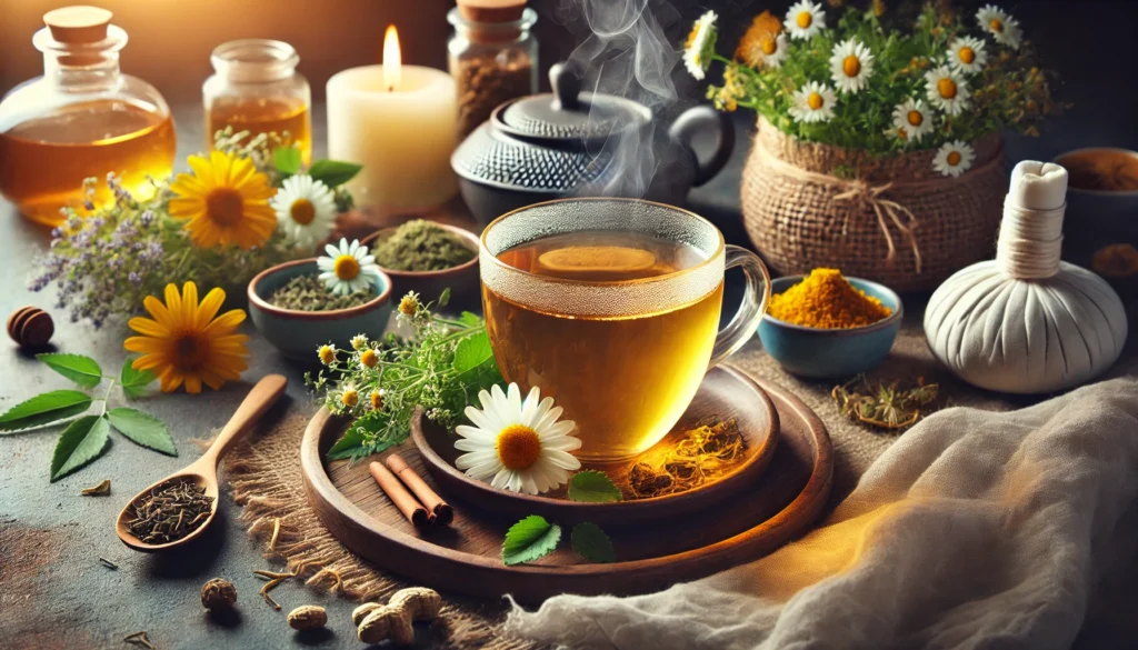 A calming spa-like detox setting with a steaming cup of herbal tea on a wooden tray, surrounded by fresh herbs like chamomile, dandelion, and turmeric, illuminated by soft candlelight, evoking relaxation and cleansing