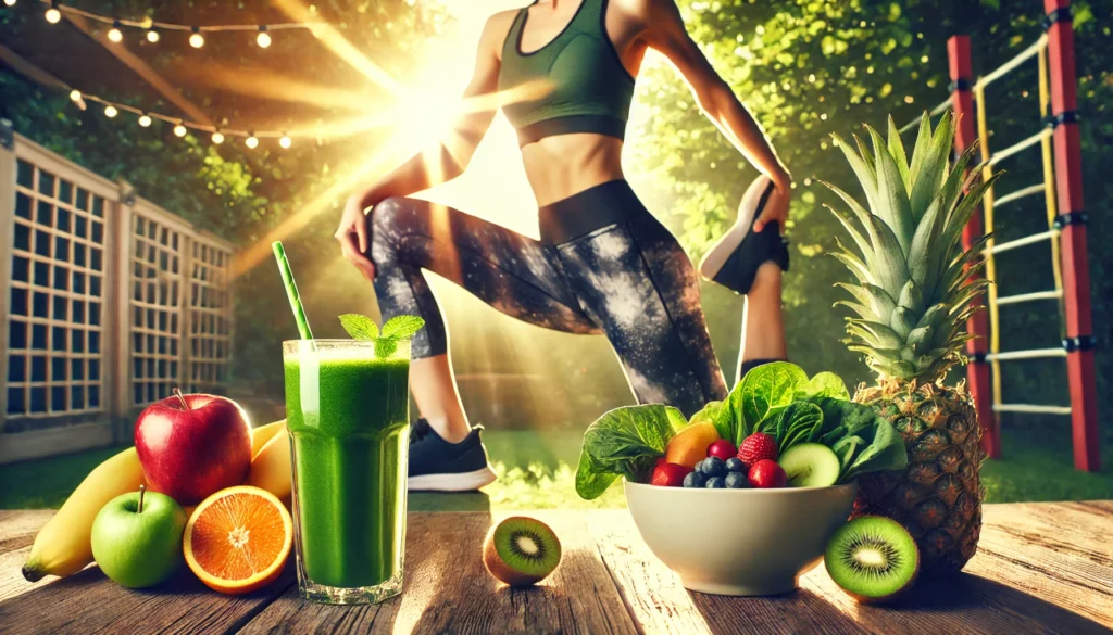 A dynamic fitness and detox concept with a person stretching outdoors in athletic wear, accompanied by a fresh green smoothie and a bowl of nutrient-dense fruits and vegetables, symbolizing energy and rejuvenation