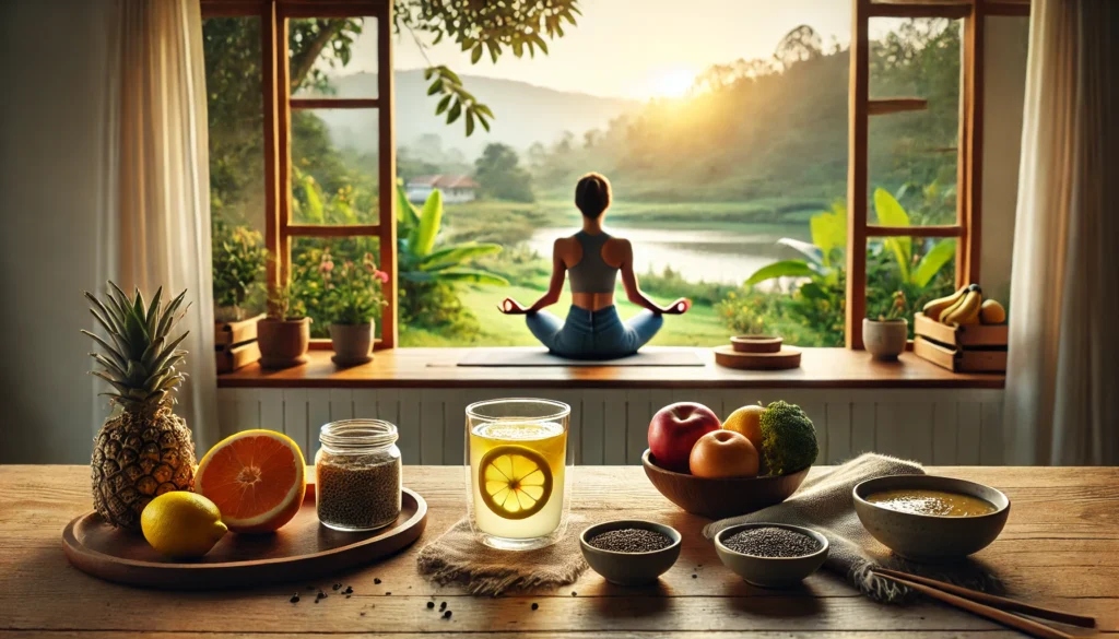 "A serene morning detox ritual with a person practicing yoga near a window overlooking a peaceful natural landscape, alongside a warm cup of lemon water, fresh fruit, and chia seeds on a wooden table, embodying mindfulness and balance