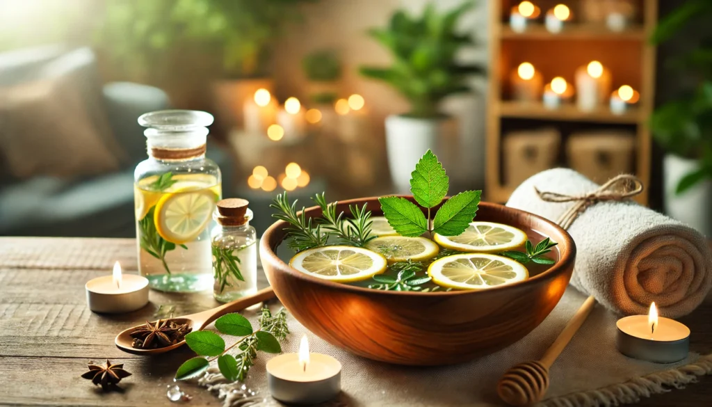 A tranquil spa-inspired detox scene featuring a wooden bowl filled with warm water, floating lemon slices, and herbal leaves, set against soft candlelight and lush indoor plants, evoking relaxation and natural cleansing