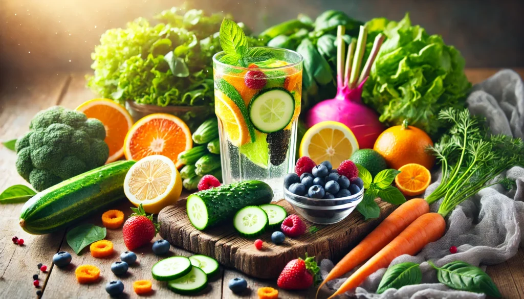 A vibrant detox-themed composition featuring an assortment of fresh fruits and vegetables, including berries, citrus, carrots, and leafy greens, with a glass of infused cucumber-lemon detox water at the center, illuminated by soft natural lighting