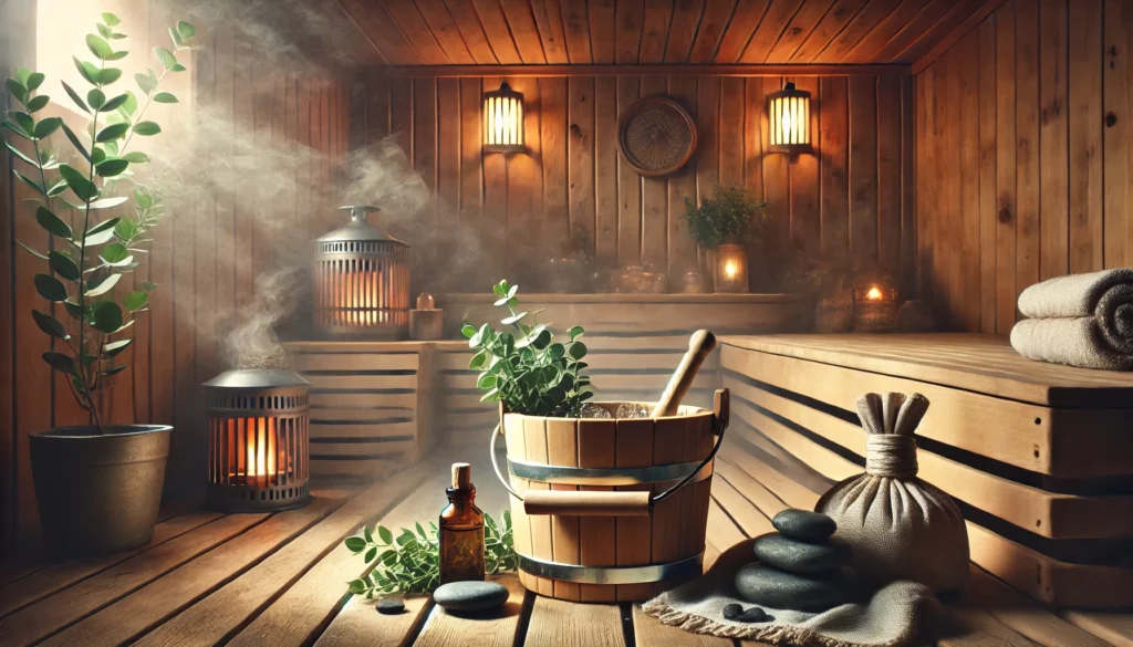 A serene sauna detox setting featuring a wooden sauna room, a bucket of water infused with essential oils, and steaming hot stones, with soft ambient lighting and eucalyptus leaves in the background, symbolizing deep cleansing and metabolic renewal