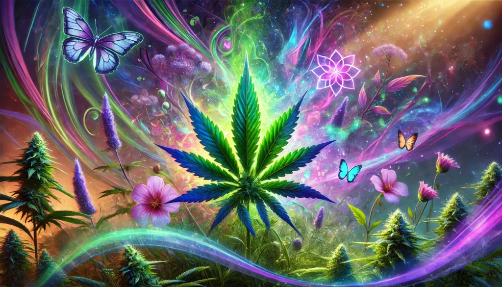 A vibrant and colorful close-up of marijuana leaves with green, purple, and blue hues, set against a dynamic background featuring glowing flowers, abstract light patterns, butterflies, and misty light rays, creating a dreamy psychedelic atmosphere