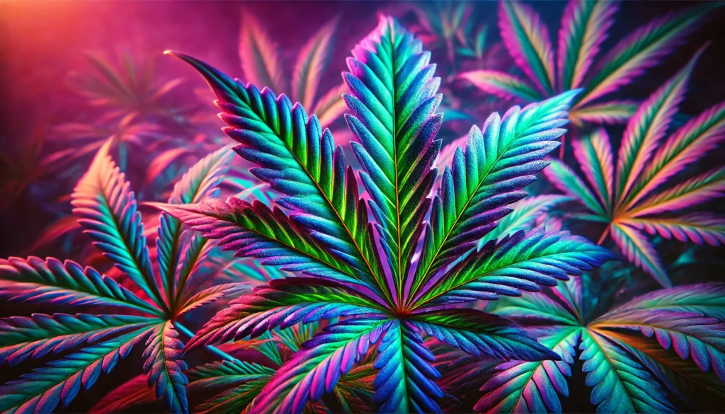 A highly vibrant and colorful close-up of marijuana leaves displaying a mix of green, purple, and blue hues, illuminated by dynamic lighting, set against a softly blurred psychedelic-style background