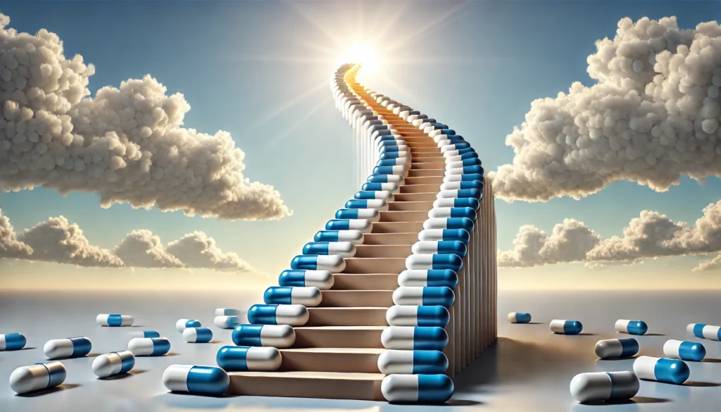 A symbolic representation of drug tapering, depicting a staircase made of pill capsules that gradually decrease in size as they ascend into a bright, hopeful sky, symbolizing a controlled and safe reduction in medication use.