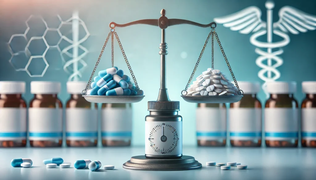 A metaphorical depiction of drug tapering, illustrating a scale balancing a full pill bottle on one side and a gradually reducing series of pills on the other, symbolizing a controlled and systematic reduction of medication against a calming medical-themed background