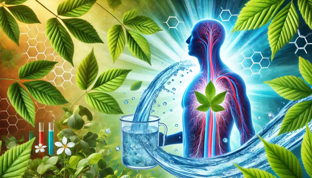 A metaphorical representation of detoxification, depicting a human silhouette filled with flowing water, symbolizing internal cleansing, against a background of fresh green leaves and a bright, rejuvenating atmosphere