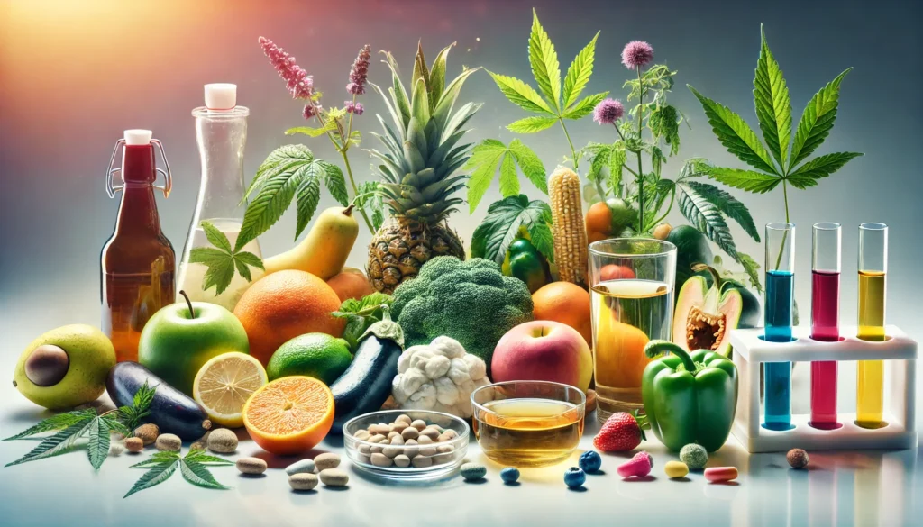 An artistic depiction of natural detox methods, showcasing fresh fruits, vegetables, herbal teas, and a glass of water arranged on a vibrant surface with soft lighting, symbolizing purity and wellness