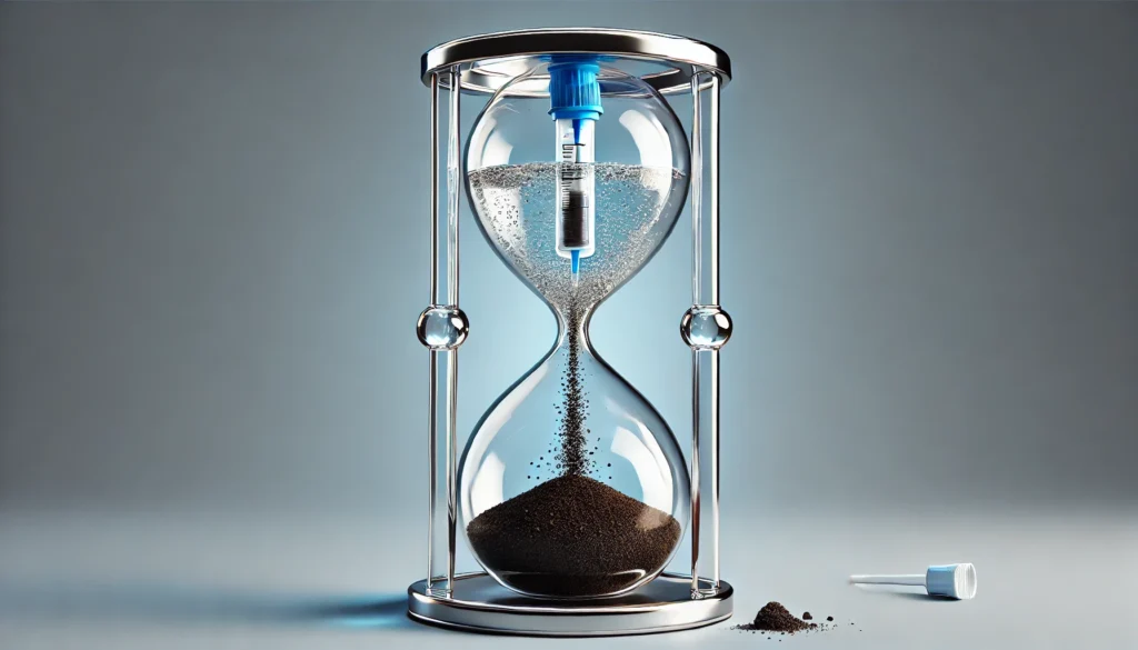 A symbolic representation of detoxification, featuring a transparent hourglass with clear water at the top and dark toxins draining out at the bottom, illustrating the passage of time and the cleansing process