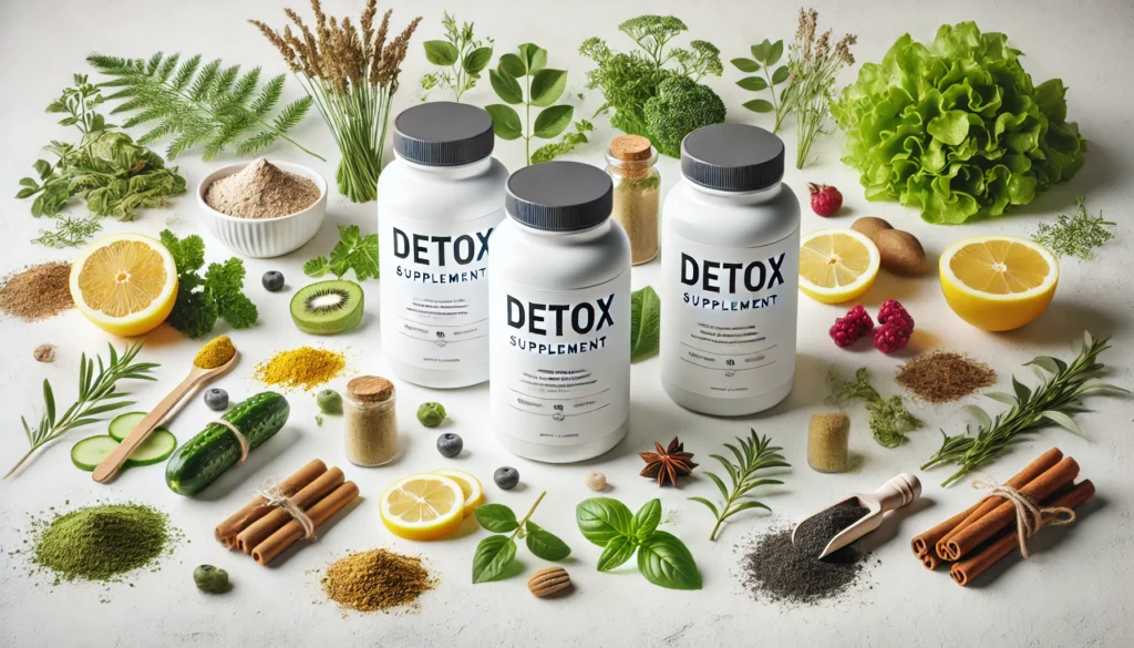 Minimalist detox supplement bottles surrounded by herbs, fruits, and powders on a white countertop, emphasizing a clean and healthy lifestyle