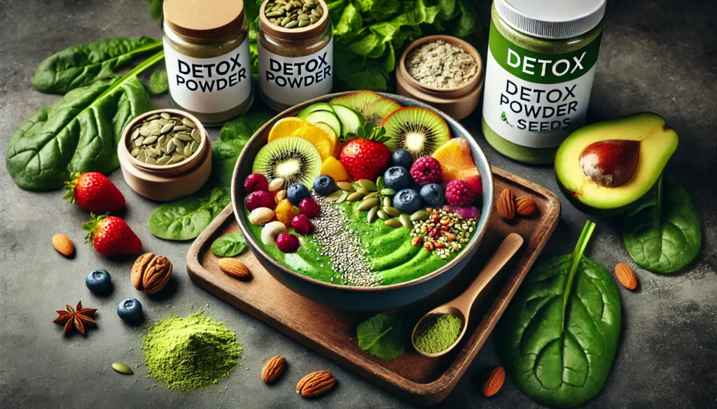 Vibrant green smoothie bowl topped with fresh fruits, nuts, and seeds, accompanied by detox powder containers and leafy greens, showcasing vitality and wellness