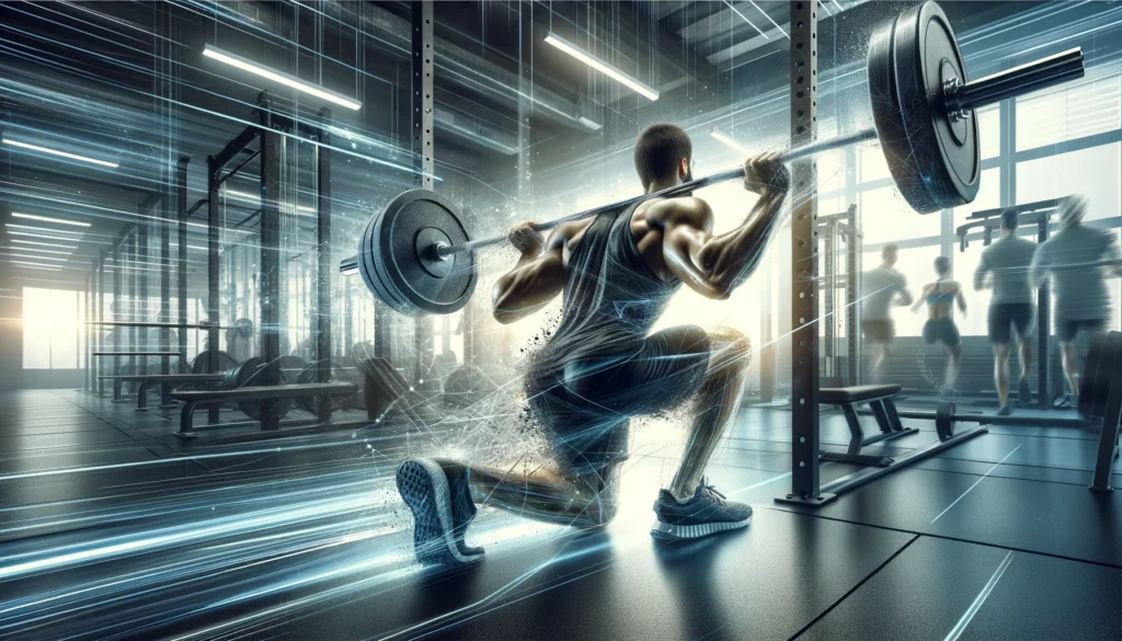 A high-energy gym scene where an individual is lifting weights with determination, symbolizing physical recovery and strength building. The gym is modern, well-lit, and features dynamic movement, capturing the essence of resilience and perseverance.
