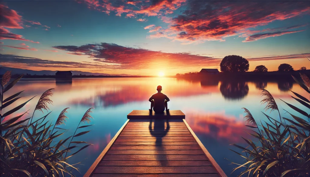 A peaceful lakeside scene with a person sitting on a dock, watching the sunset, symbolizing emotional recovery and reflection. The still water reflects the vibrant sky, creating a calming and restorative atmosphere.
