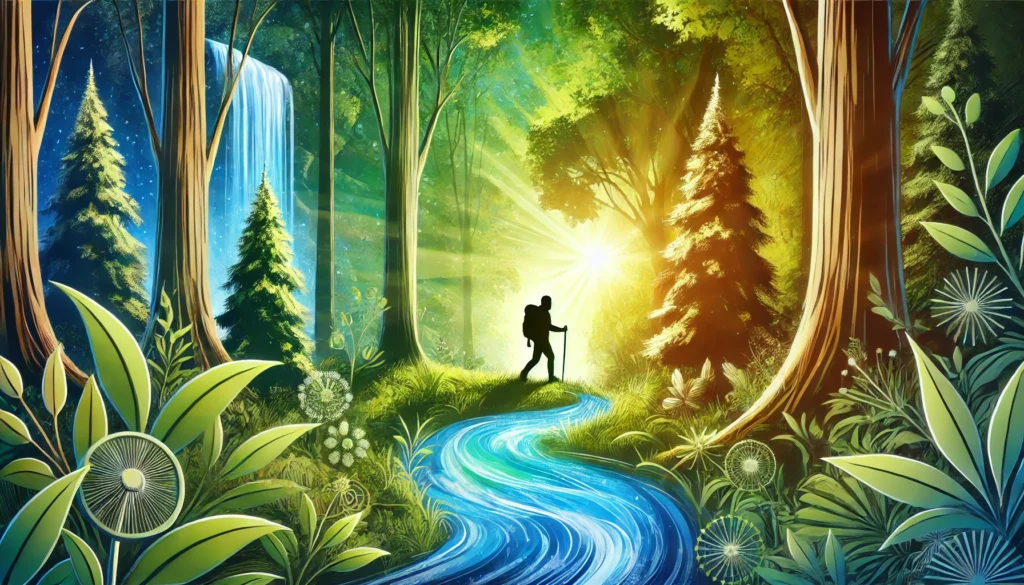 A vibrant, nature-inspired scene of a person hiking through a lush forest, symbolizing recovery through movement and connection with nature. The individual is surrounded by tall trees, dappled sunlight, and a refreshing waterfall in the background, evoking a sense of renewal and vitality.
