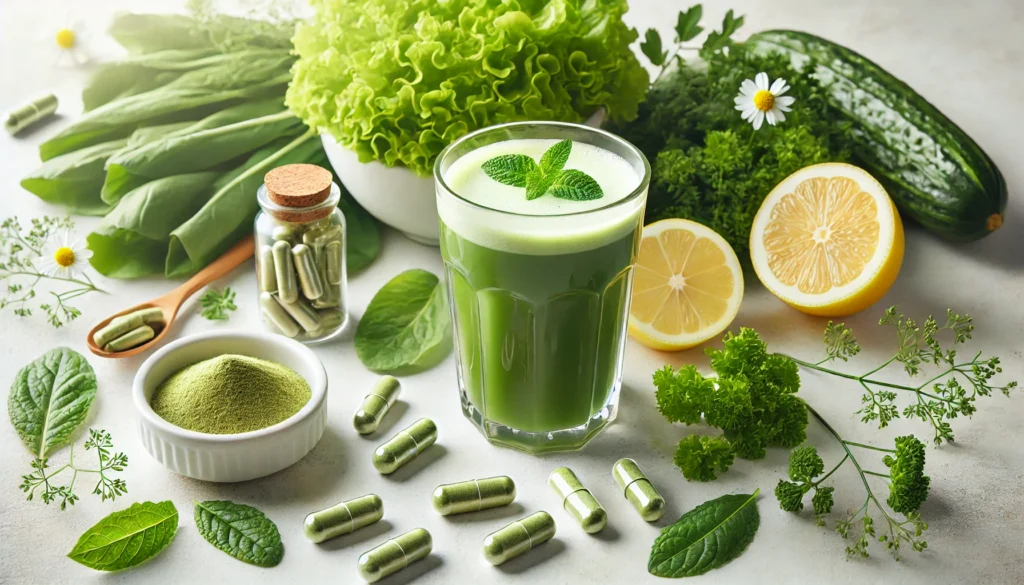 Detox green smoothie with leafy greens, lemon slices, and herbal capsules on a bright minimalistic background