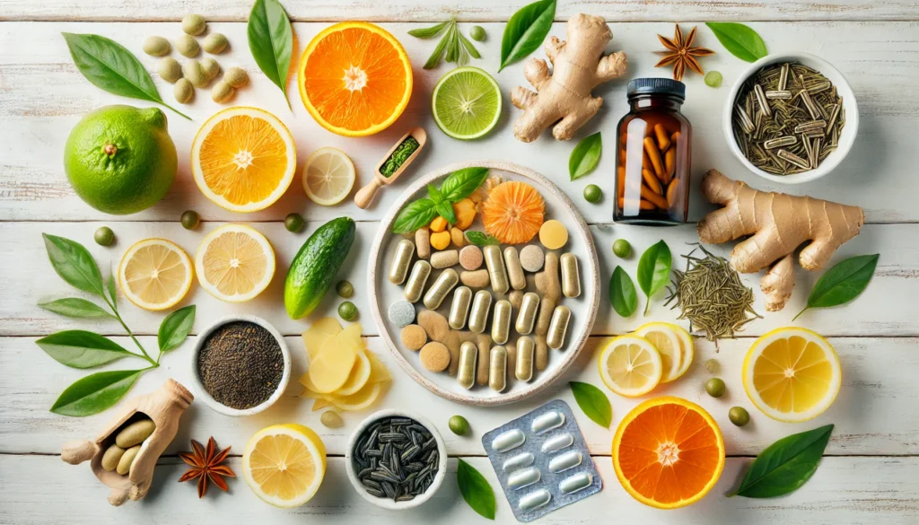 Flat lay of natural supplements and detox pills with citrus fruits, ginger, and green tea leaves on a white wooden background