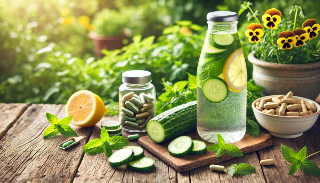 Detox water bottle with cucumber, lemon, and mint leaves next to herbal supplements on a rustic outdoor wooden surface