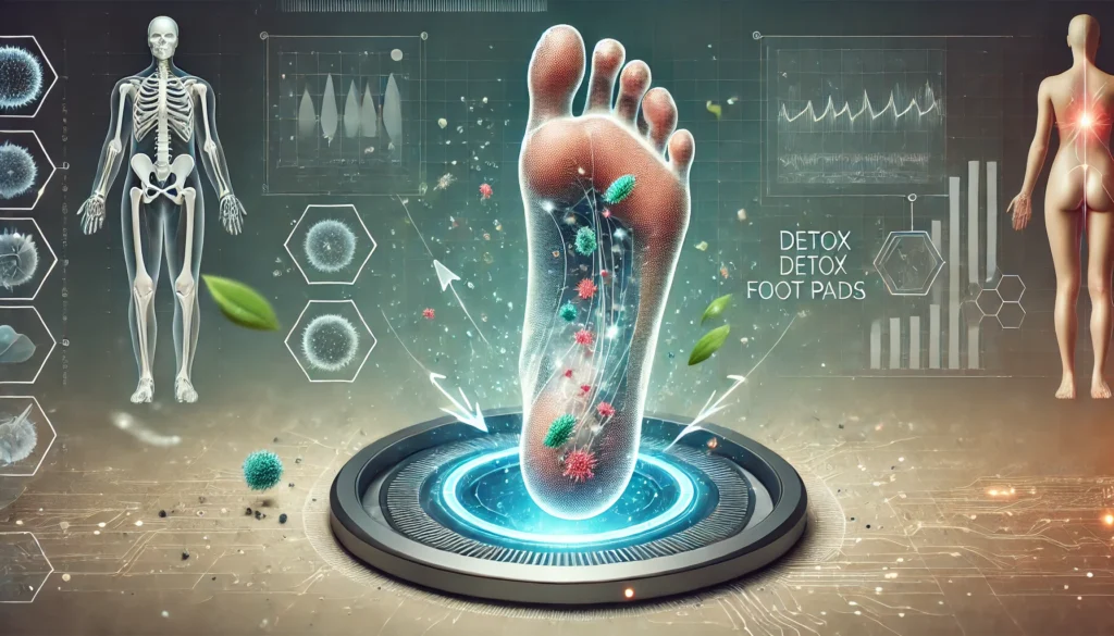 A scientific illustration of toxins being drawn from the feet into detox foot pads, featuring a transparent foot overlay, arrows, and microscopic toxin particles in a futuristic medical-themed background.