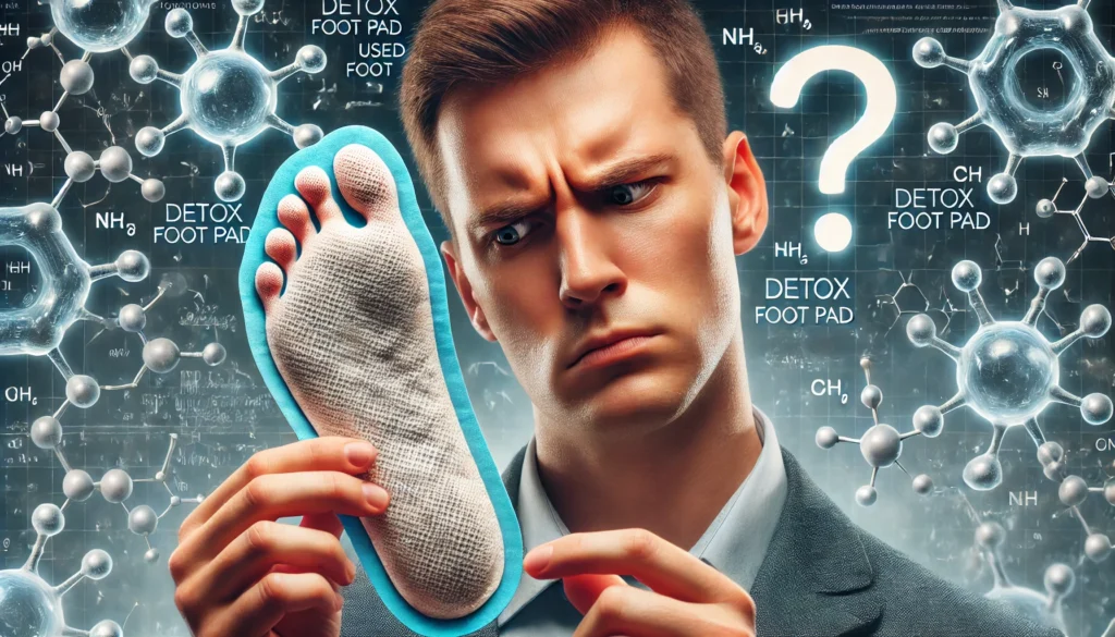 A skeptical person examining a used detox foot pad with a puzzled expression, while the background subtly features scientific elements like molecular structures and abstract question marks, highlighting uncertainty about its effectiveness.