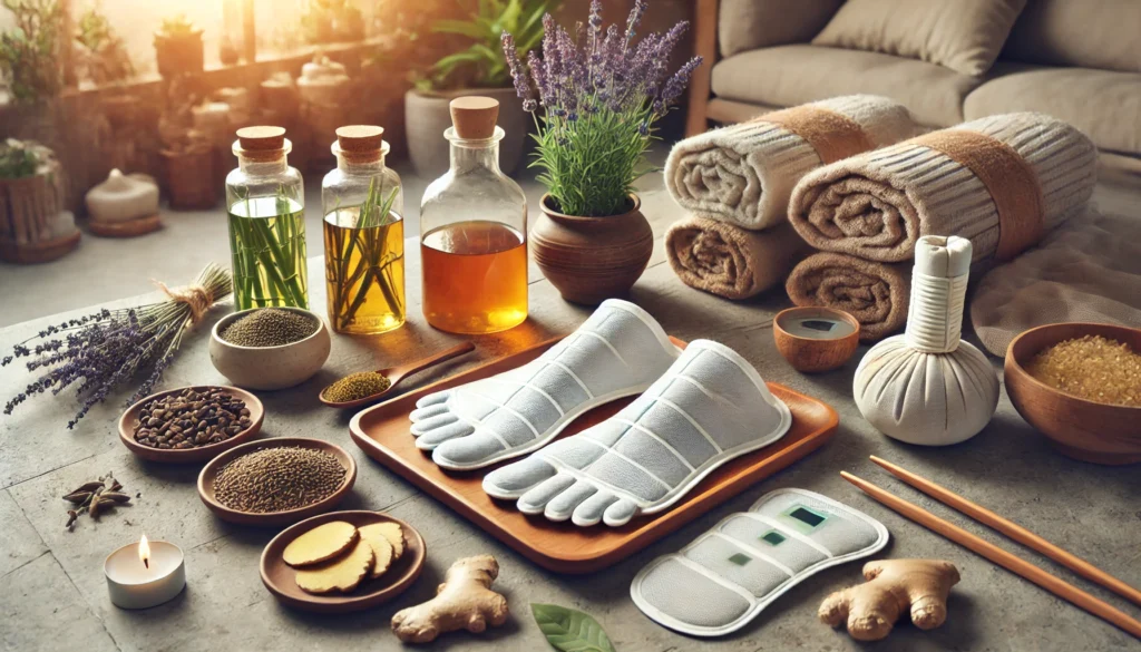 A natural wellness setting featuring detox foot pads surrounded by herbal ingredients such as bamboo vinegar, ginger, and lavender, creating a relaxing and organic atmosphere that emphasizes natural detoxification methods.