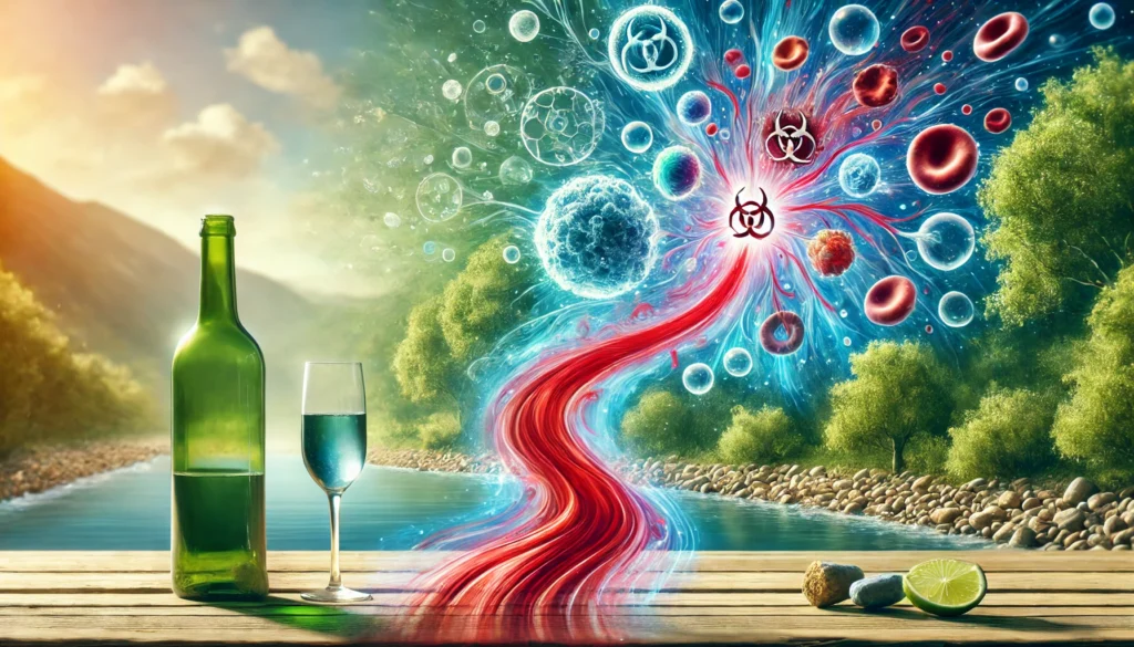 An artistic visualization of alcohol detox, illustrating a bloodstream where toxins gradually fade away, replaced by clean, vibrant cells, set against a serene and natural background symbolizing purification and renewal