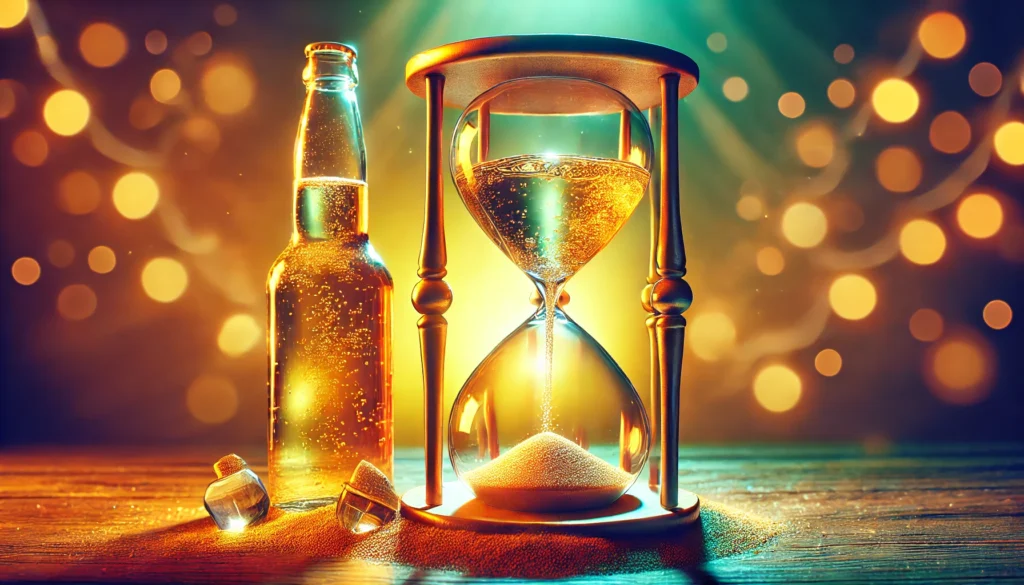 A metaphorical depiction of alcohol detox, showing an hourglass where golden liquid at the top slowly transforms into clear water as it flows through, symbolizing the passage of time and recovery against a warm, calming background