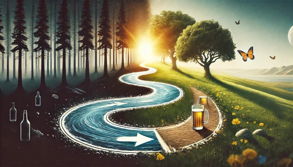 A symbolic representation of alcohol detox, illustrating a winding path that begins in a dark forest and gradually transitions into a bright, open landscape, symbolizing transformation, healing, and the progressive nature of recovery