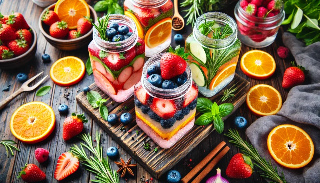 A top-down view of multiple detox water jars infused with fruits and herbs, including strawberries, oranges, blueberries, and rosemary, arranged on a wooden table with fresh ingredients, symbolizing natural health benefits