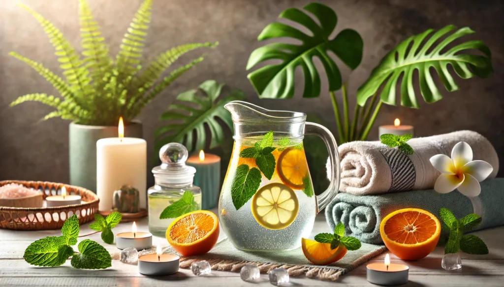 A serene wellness scene featuring a pitcher of detox water infused with citrus fruits and mint, placed in a spa-like setting with soft towels, candles, and green plants, evoking relaxation and rejuvenation