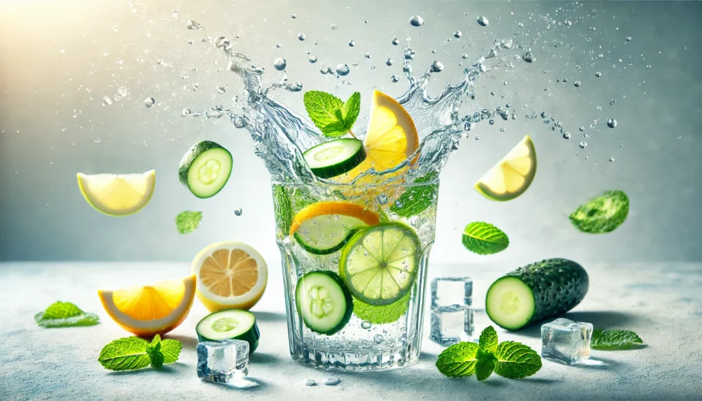 A dynamic and refreshing splash of detox water with floating slices of lemon, lime, cucumber, and mint leaves in a crystal-clear glass, set against a bright and airy background emphasizing hydration and vitality