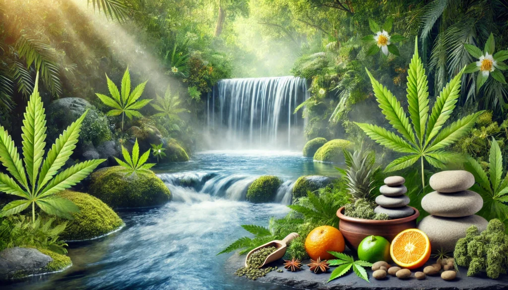 A serene nature-inspired scene representing THC detoxification, featuring a tranquil waterfall flowing into a crystal-clear pool, surrounded by lush green plants, fresh citrus fruits, and herbal detox elements, symbolizing purification and renewal