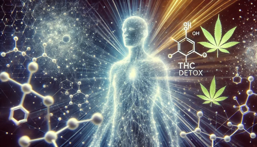 A futuristic digital visualization of THC detox, depicting a glowing human figure surrounded by abstract neural pathways and molecular structures fading away, representing a high-tech, scientific approach to detoxification