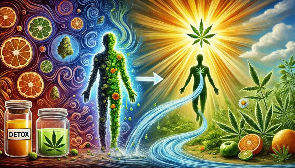 An artistic representation of the human body cleansing from THC, showing a person transitioning from a shadowy, toxin-filled form to a vibrant, healthy figure, with natural detox elements such as flowing water, green plants, and sunlight symbolizing renewal and healing