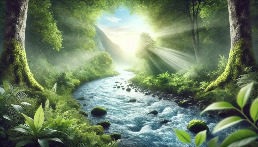 A serene landscape featuring a flowing river surrounded by lush greenery, representing the body's natural detox process. Crystal-clear water and sunlight streaming through the trees create a tranquil and healing atmosphere