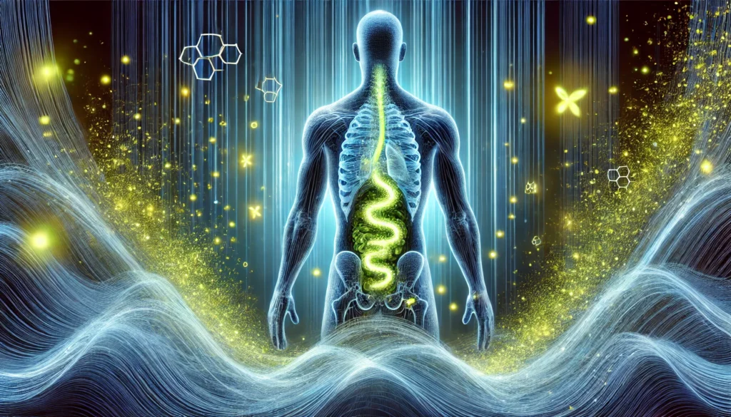 A futuristic digital illustration of the human body undergoing detox, showing a glowing silhouette surrounded by dynamic energy waves, with light particles symbolizing toxins being expelled during purification