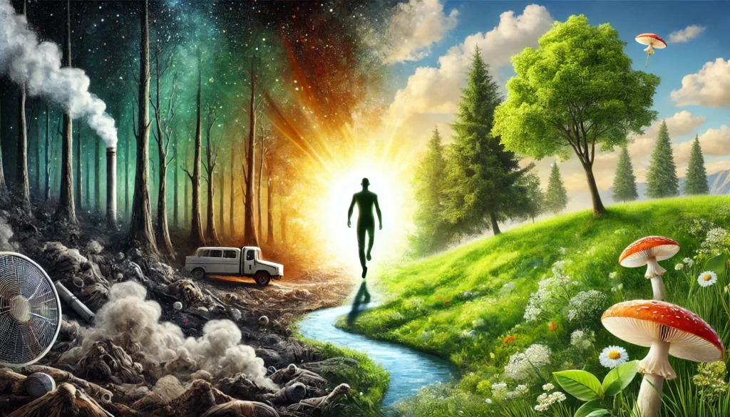 An artistic depiction of detoxification, showing a person stepping out of a dark, toxin-filled environment into a fresh, green landscape with clear skies, symbolizing the journey to renewal and healing