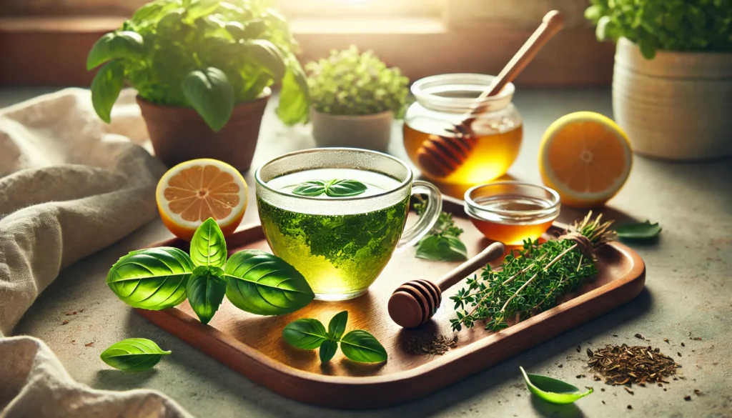 Green detox tea on a wooden tray with fresh herbs, lemon wedges, and a honey dipper, illuminated by soft morning sunlight, evoking relaxation and cleansing