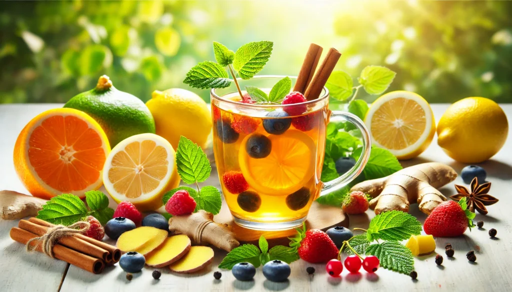 Vibrant detox tea with berries, lemon slices, ginger, and cinnamon sticks, surrounded by green plants, representing natural wellness, weight loss, and detoxification