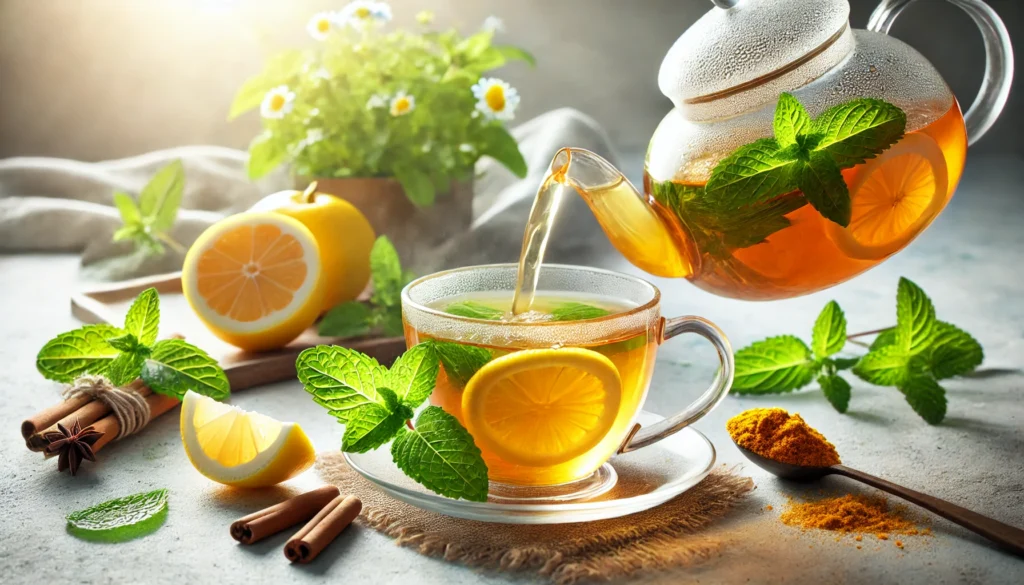 Herbal tea pouring from a transparent teapot into a cup, surrounded by fresh mint, sliced lemons, and turmeric powder, in a bright, cleansing atmosphere