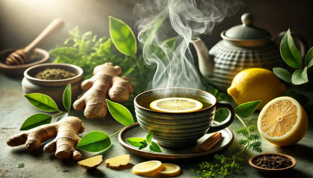 Detoxifying green tea with steam rising from a ceramic cup, surrounded by fresh ginger, lemon slices, and herbs in a serene spa-like setting, reflecting relaxation and cleansing