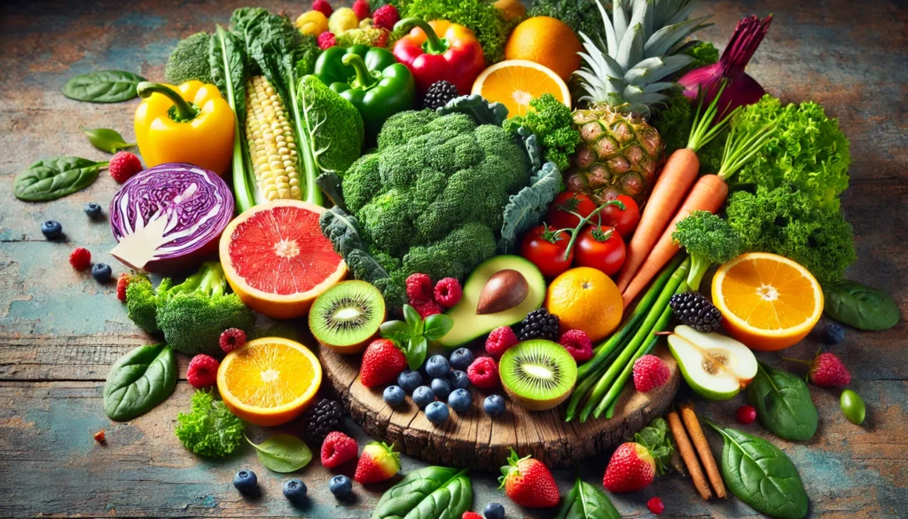 Colorful assortment of fresh vegetables and fruits, including kale, spinach, berries, and citrus, arranged on a wooden board, emphasizing vitality and natural detoxification