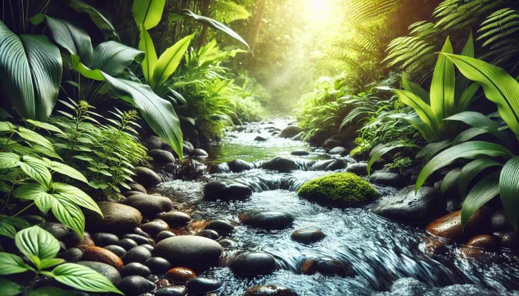 Clear stream flowing over smooth stones surrounded by lush green plants with sunlight filtering through leaves, symbolizing natural detox and rejuvenation in a tranquil nature scene