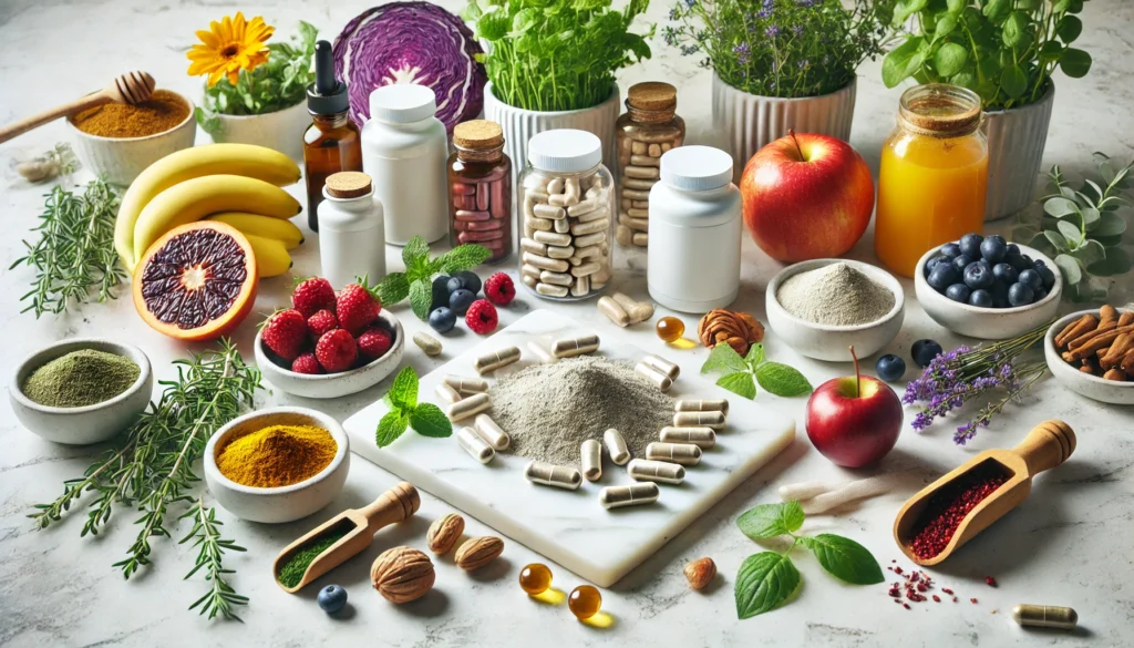 Assorted antioxidant supplements in capsules and powder form, surrounded by fresh herbs, fruits, and nuts on a white marble surface, conveying health and optimal wellness