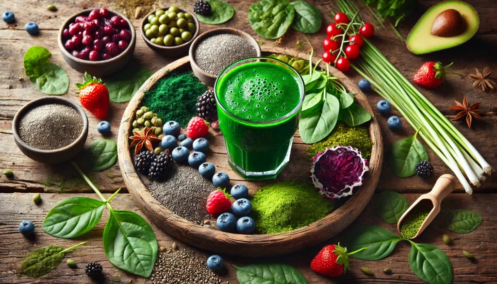 Vibrant green detox smoothie surrounded by antioxidant-rich superfoods like spirulina, chia seeds, and berries on a rustic wooden table, representing vitality and detoxification