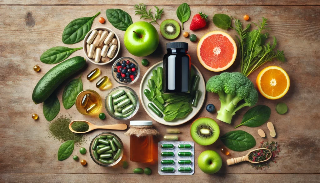 Flat lay of antioxidant supplements, green tea, fresh fruits, and leafy greens on a natural wooden background, evoking harmony, health, and optimal wellness